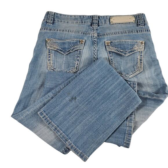 Rock & Roll Cowgirl Blue Denim Distressed Low Rise Jeans 27 x 34 - Picture 2 of 5